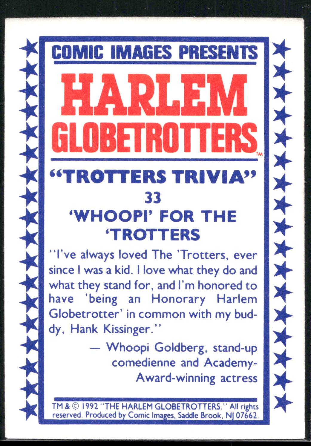 1992 Comic Images Harlem Globetrotters #33 "Whoopi" for the Trotters