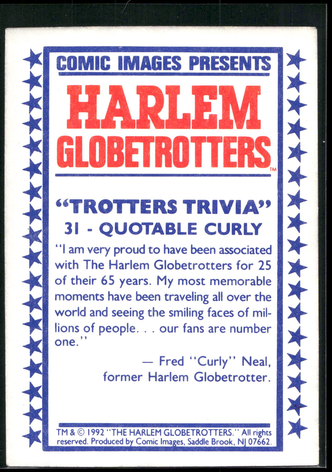 1992 Comic Images Harlem Globetrotters #31 Quotable Curly