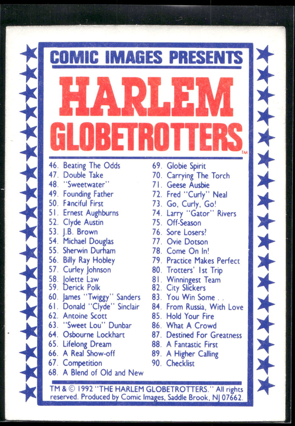 1992 Comic Images Harlem Globetrotters #90 Checklist