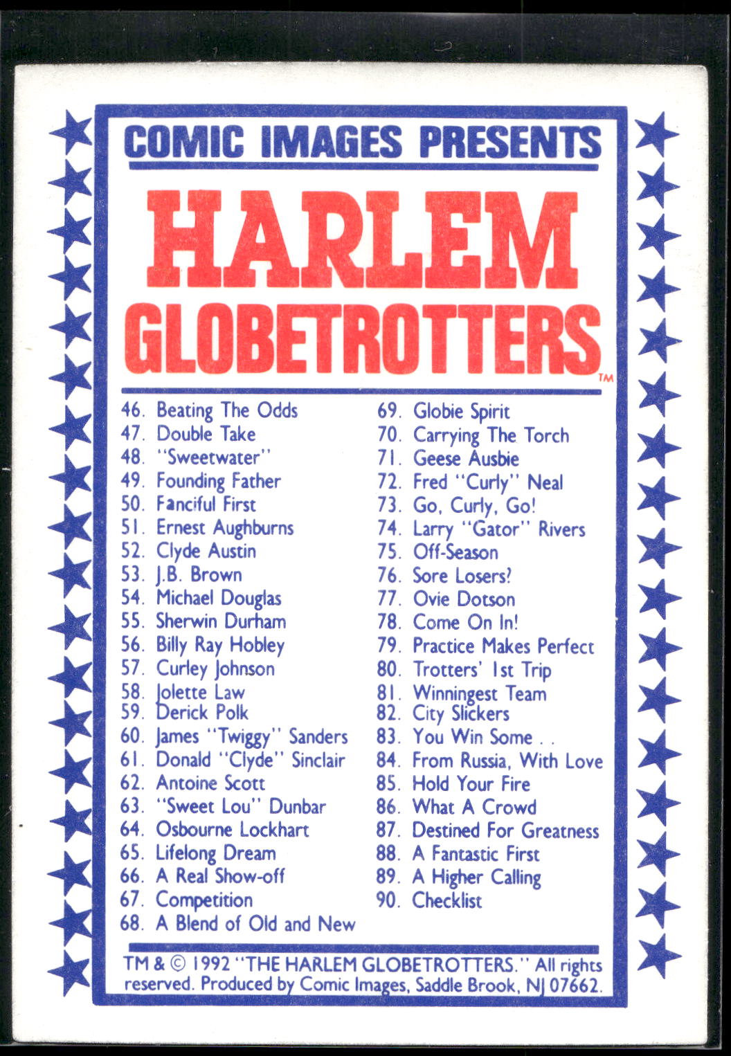 1992 Comic Images Harlem Globetrotters #90 Checklist