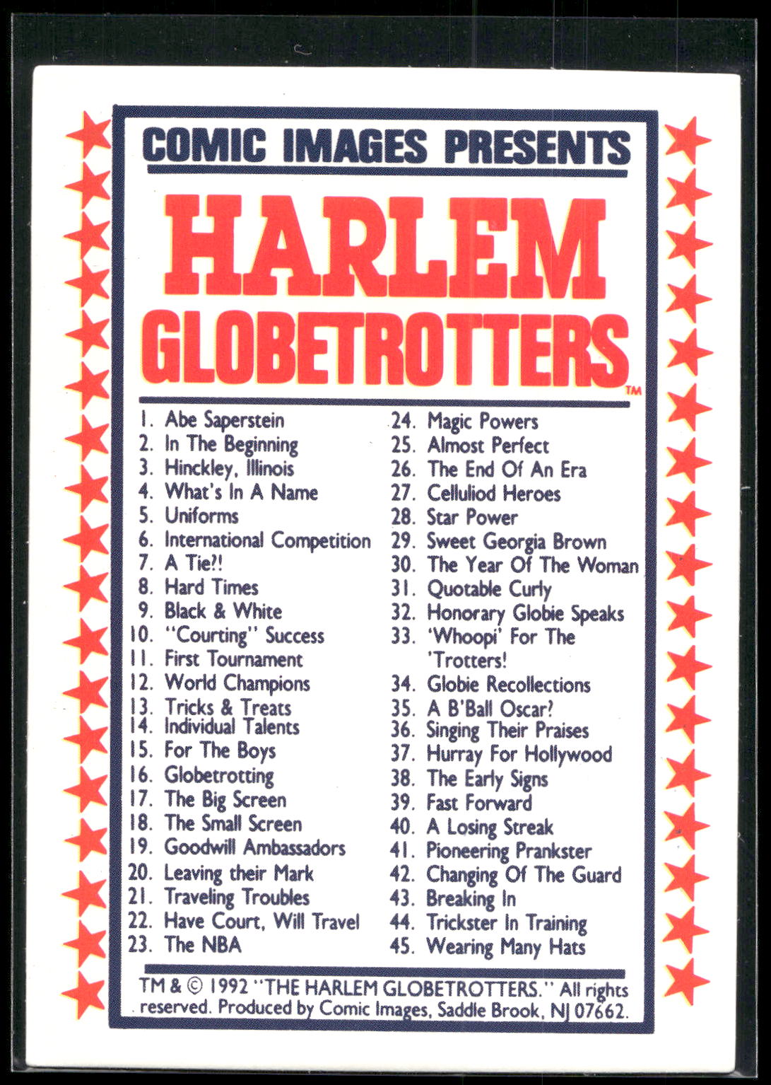 1992 Comic Images Harlem Globetrotters #90 Checklist