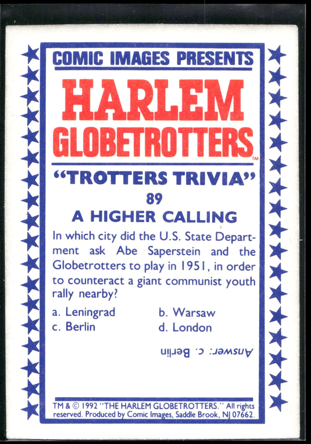1992 Comic Images Harlem Globetrotters #89 A Higher Calling