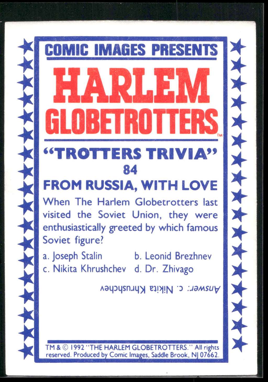 1992 Comic Images Harlem Globetrotters #84 From Russia, with Love