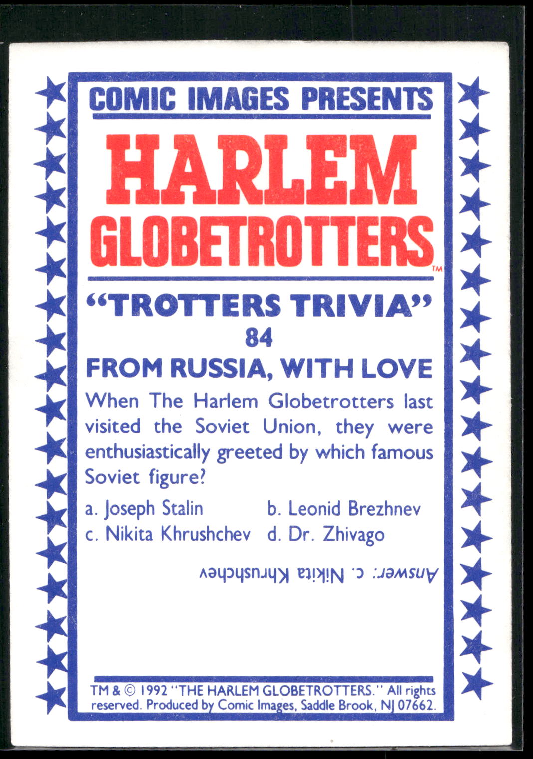 1992 Comic Images Harlem Globetrotters #84 From Russia, with Love