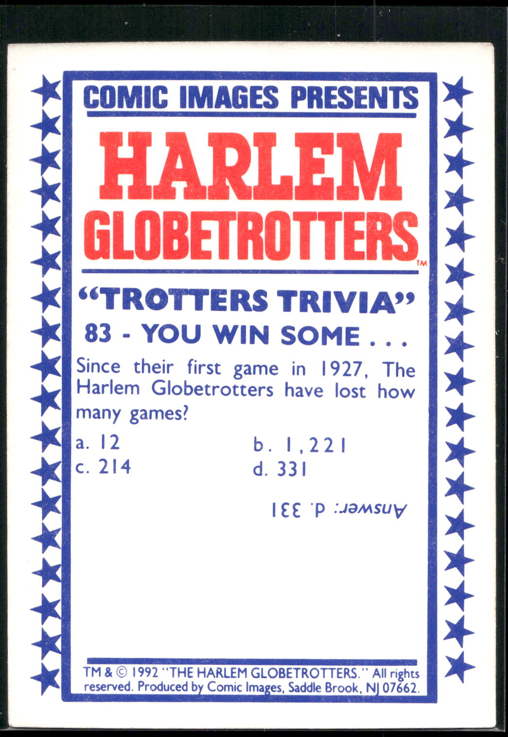 1992 Comic Images Harlem Globetrotters #83 You Win Some…