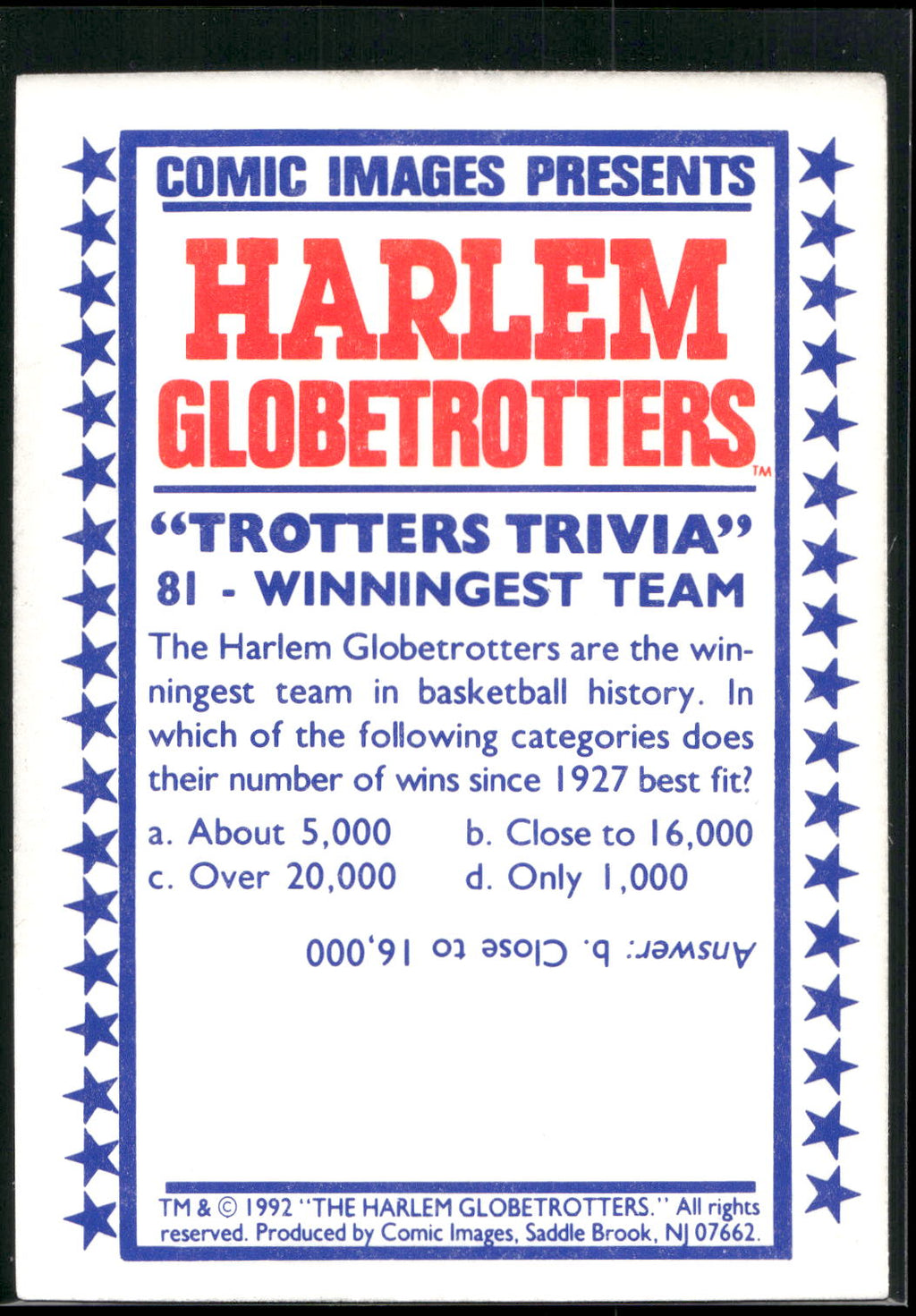 1992 Comic Images Harlem Globetrotters #81 Winningest Team