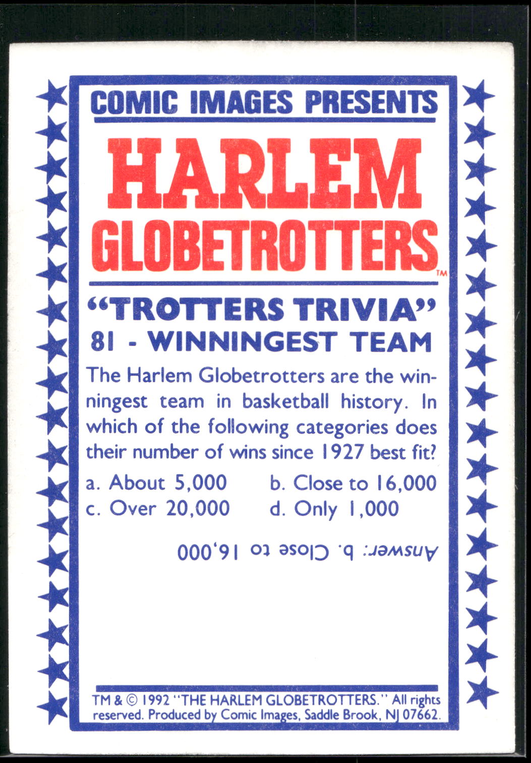 1992 Comic Images Harlem Globetrotters #81 Winningest Team