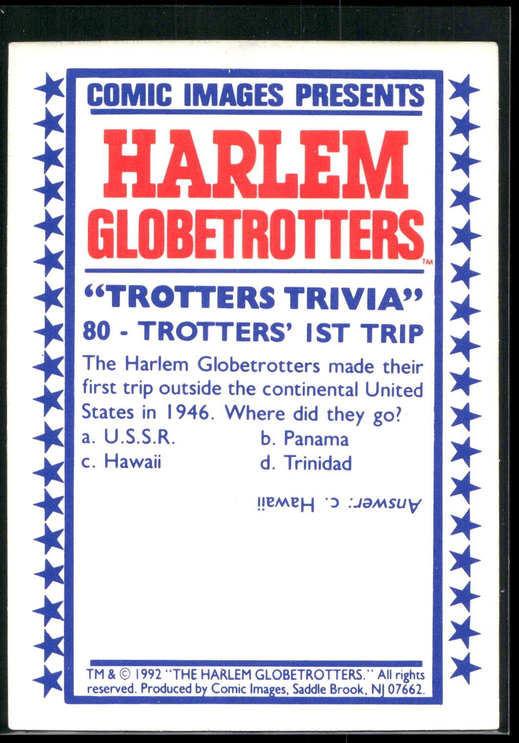 1992 Comic Images Harlem Globetrotters #80 Trotters' 1st Trip