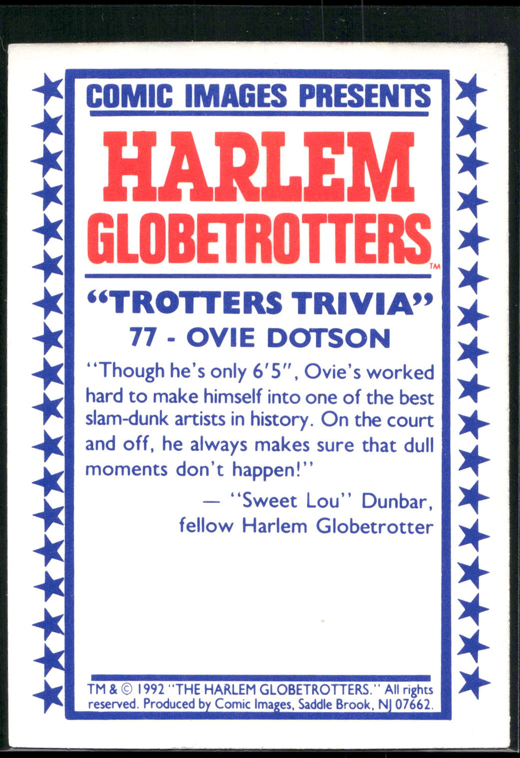 1992 Comic Images Harlem Globetrotters #77 Ovie Dotson