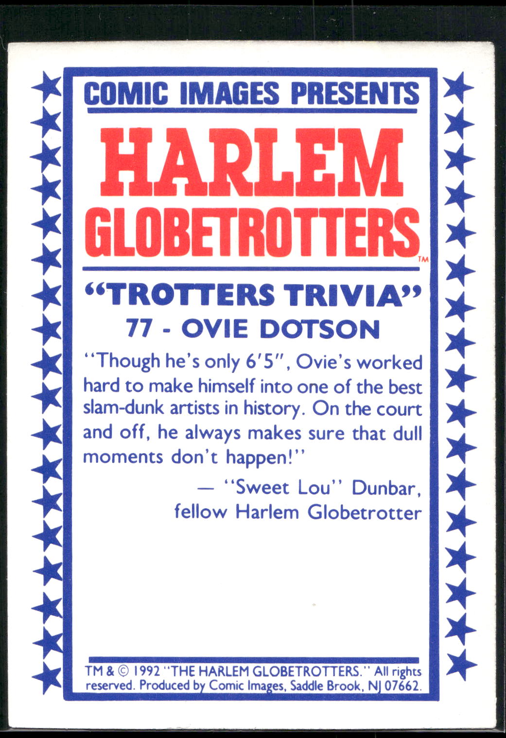 1992 Comic Images Harlem Globetrotters #77 Ovie Dotson