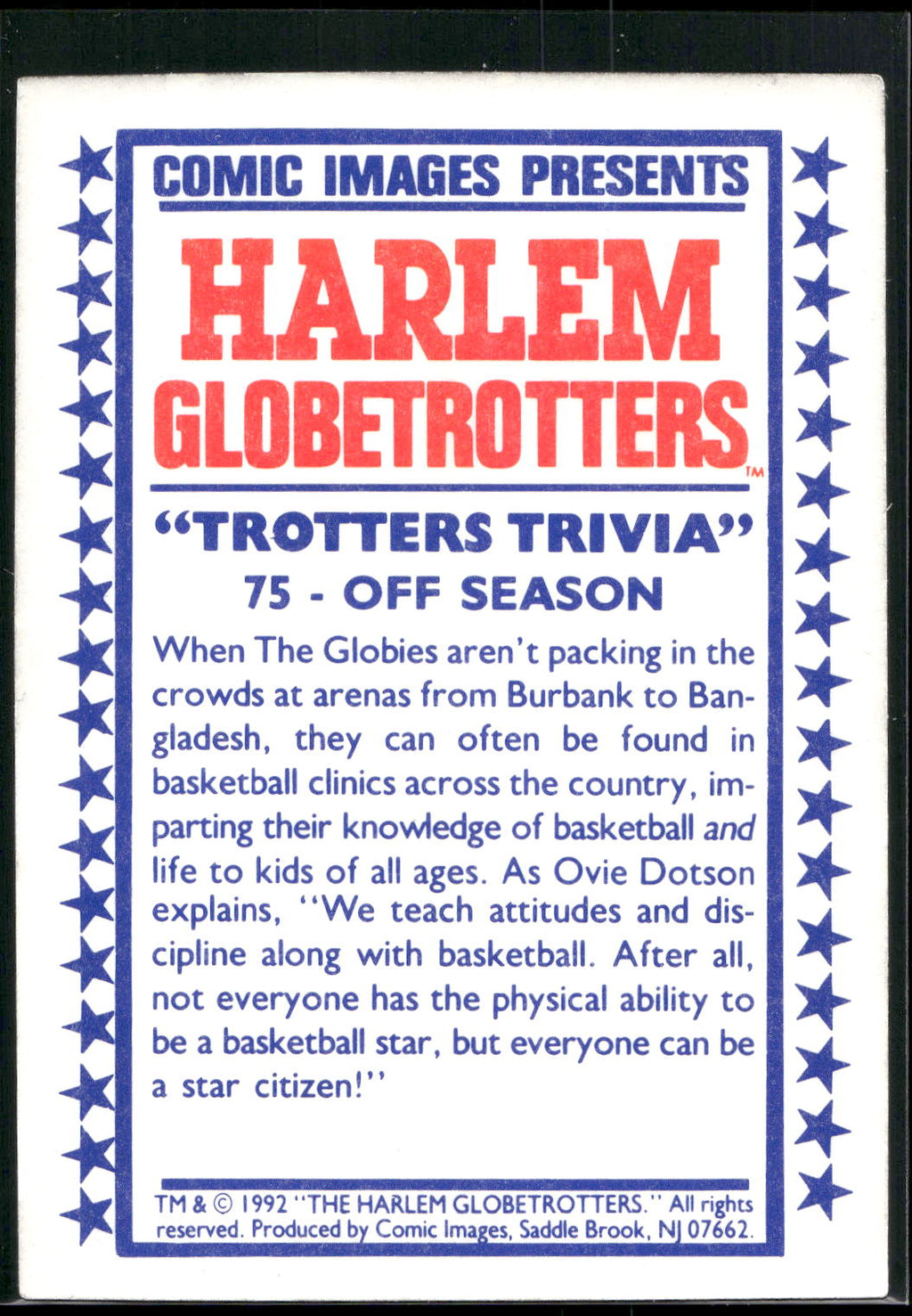 1992 Comic Images Harlem Globetrotters #75 Off Season