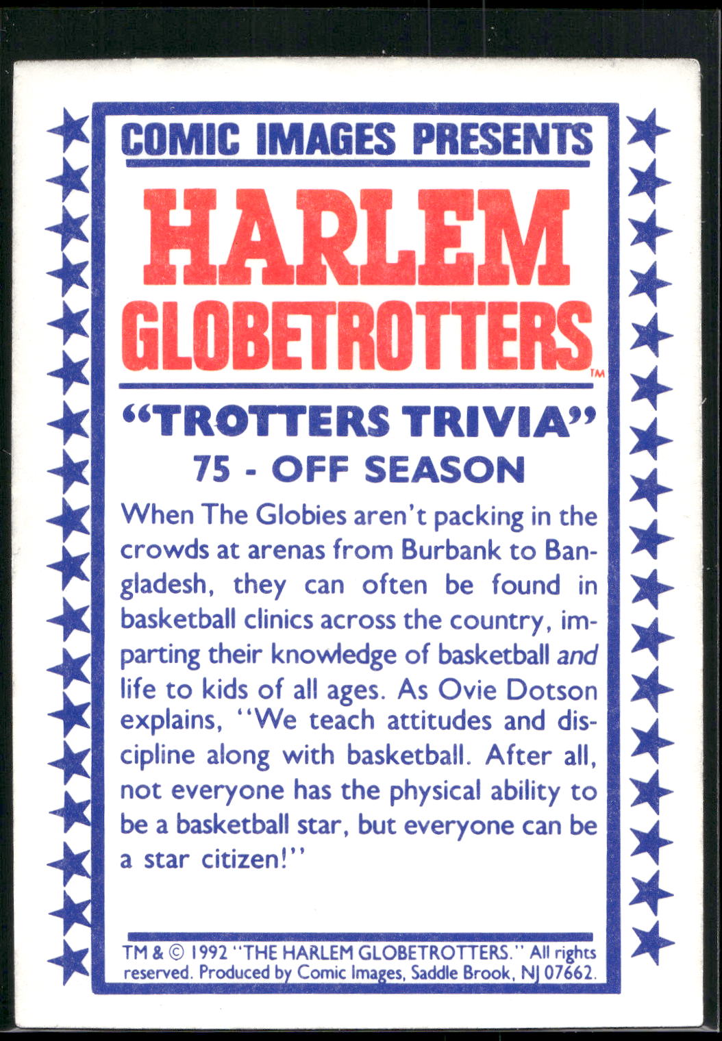 1992 Comic Images Harlem Globetrotters #75 Off Season