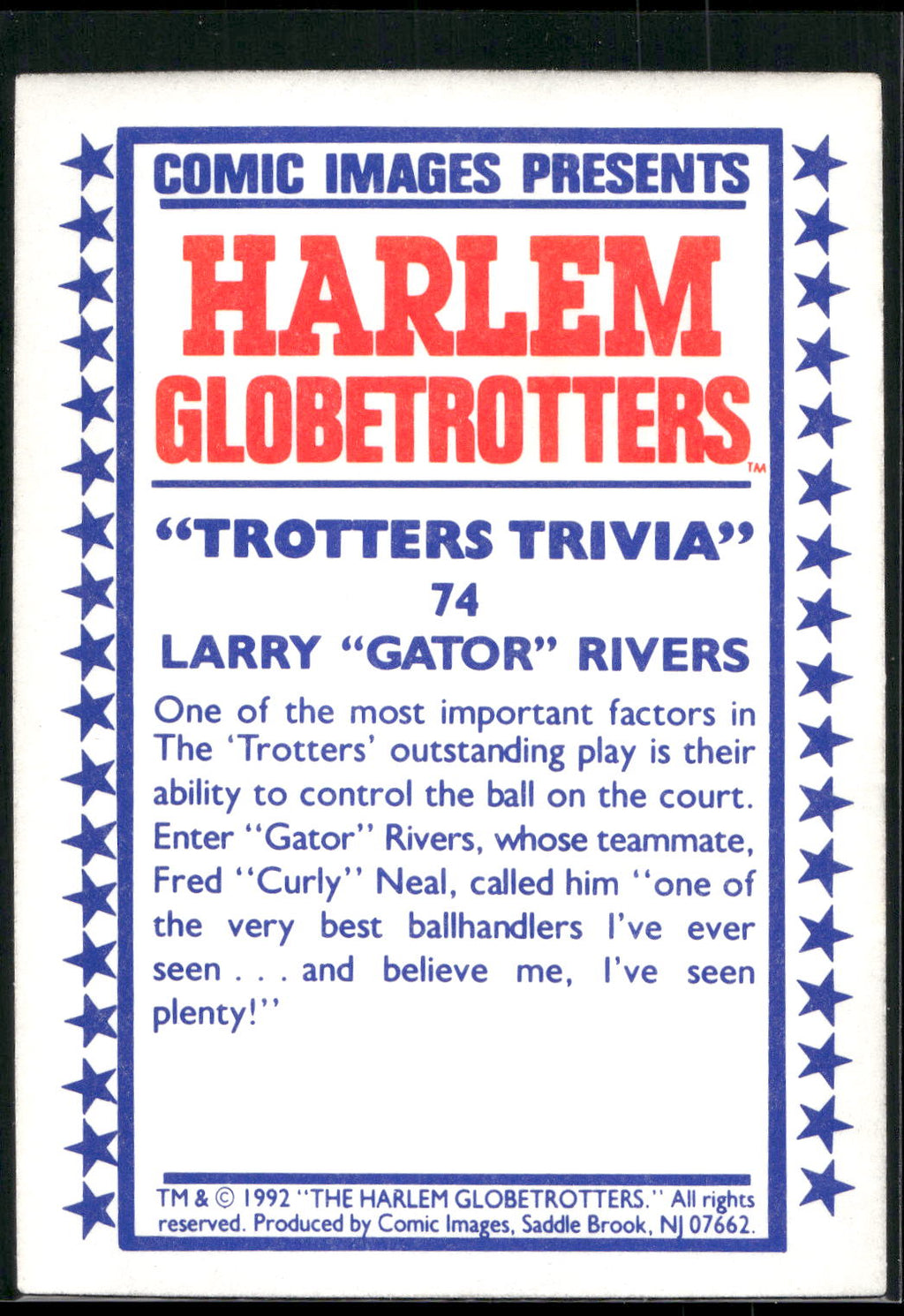 1992 Comic Images Harlem Globetrotters #74 Larry "Gator" Rivers
