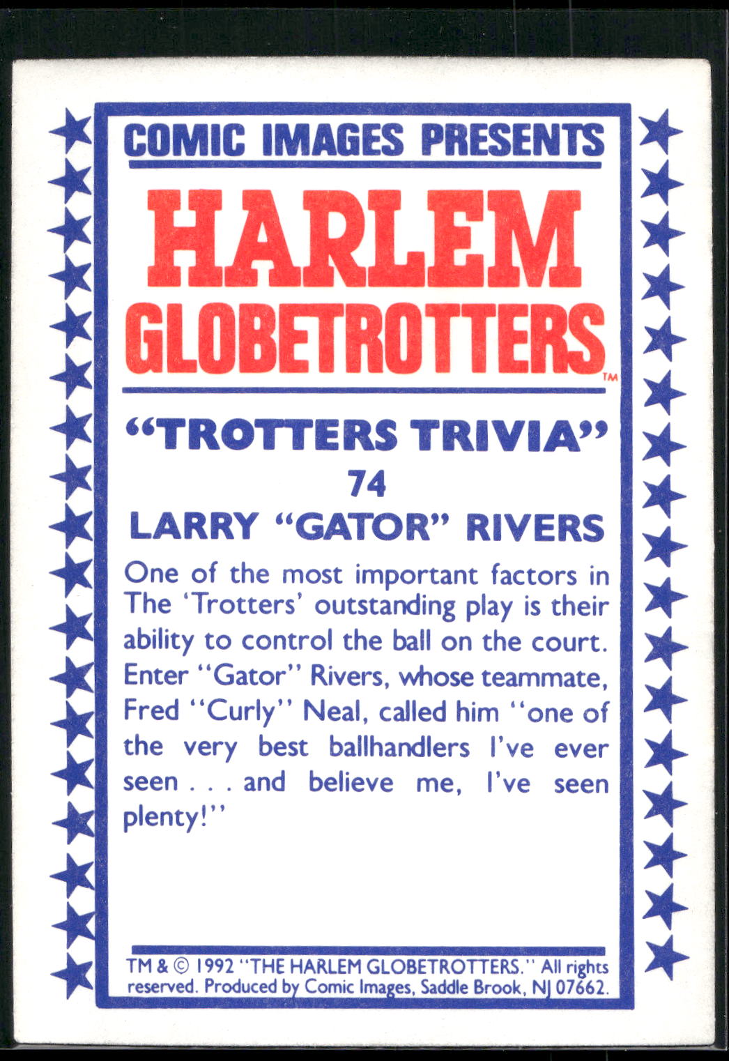 1992 Comic Images Harlem Globetrotters #74 Larry "Gator" Rivers
