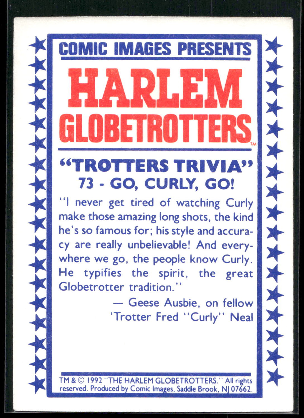 1992 Comic Images Harlem Globetrotters #73 Go, Curly, Go!