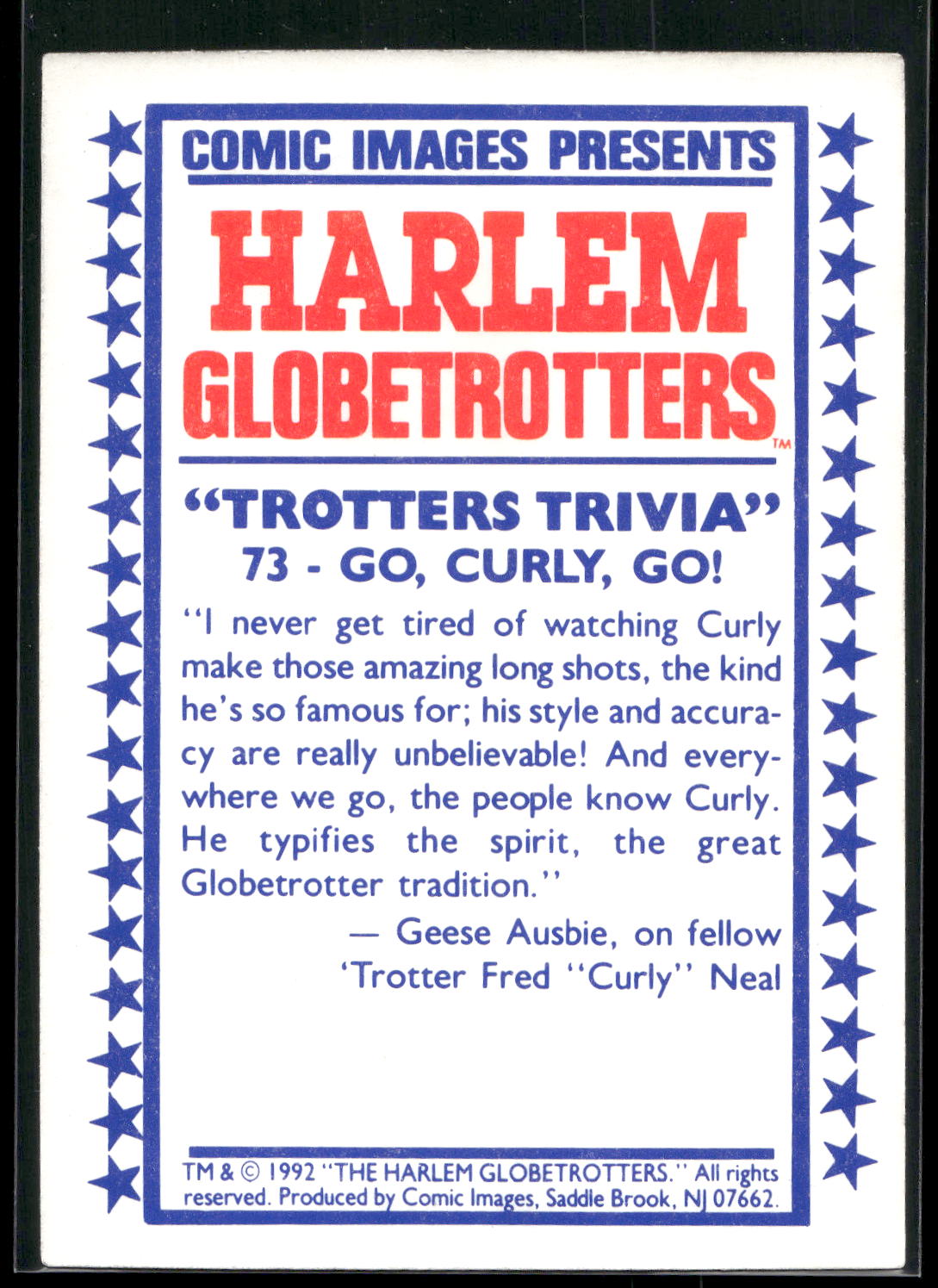 1992 Comic Images Harlem Globetrotters #73 Go, Curly, Go!