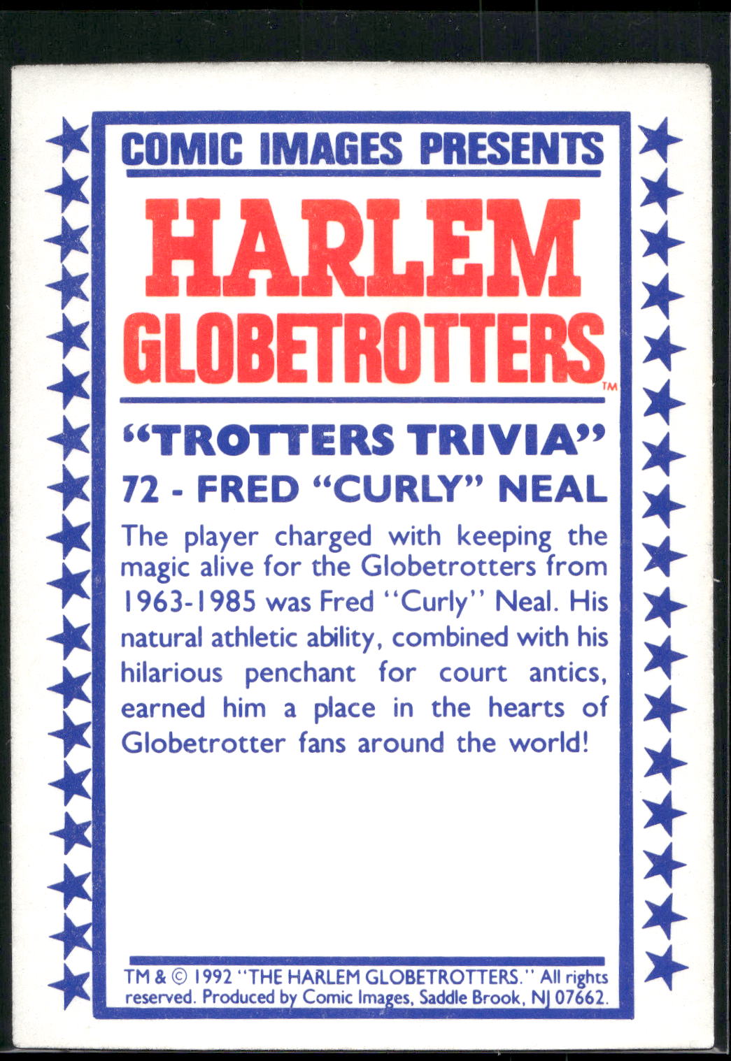 1992 Comic Images Harlem Globetrotters #72 Fred "Curly" Neal
