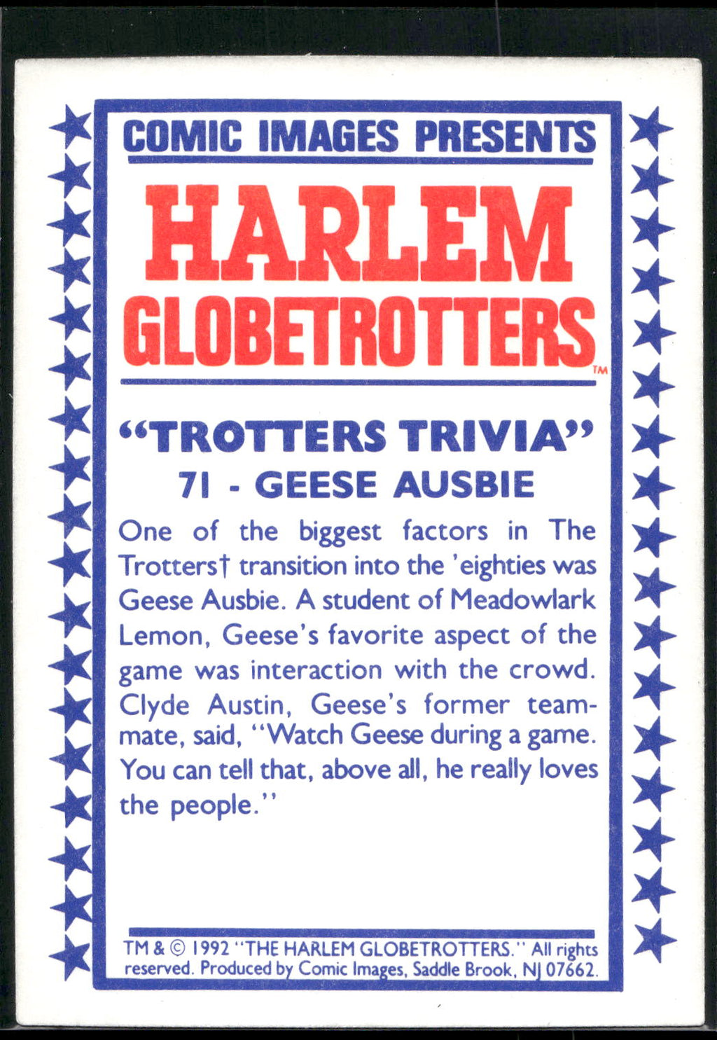 1992 Comic Images Harlem Globetrotters #71 Geese Ausbie