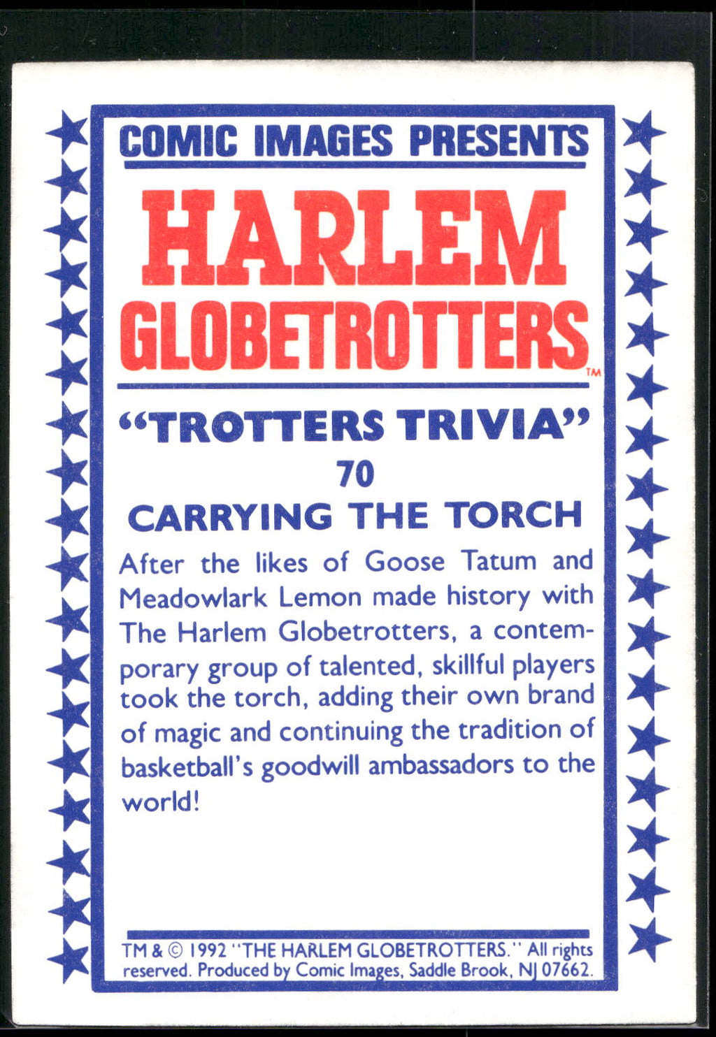 1992 Comic Images Harlem Globetrotters #70 Carrying the Torch