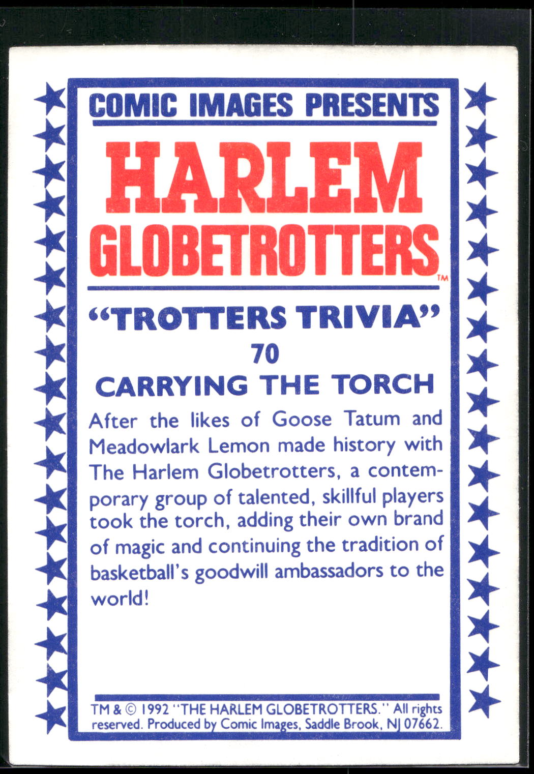 1992 Comic Images Harlem Globetrotters #70 Carrying the Torch