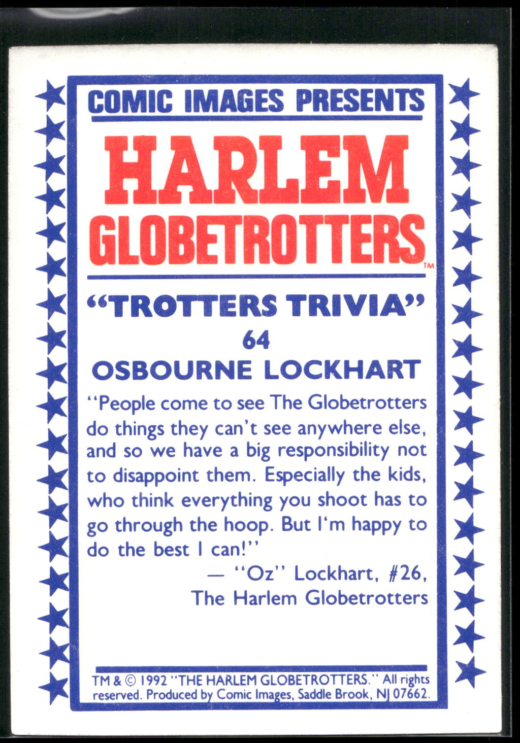1992 Comic Images Harlem Globetrotters #64 Osbourne Lockhart