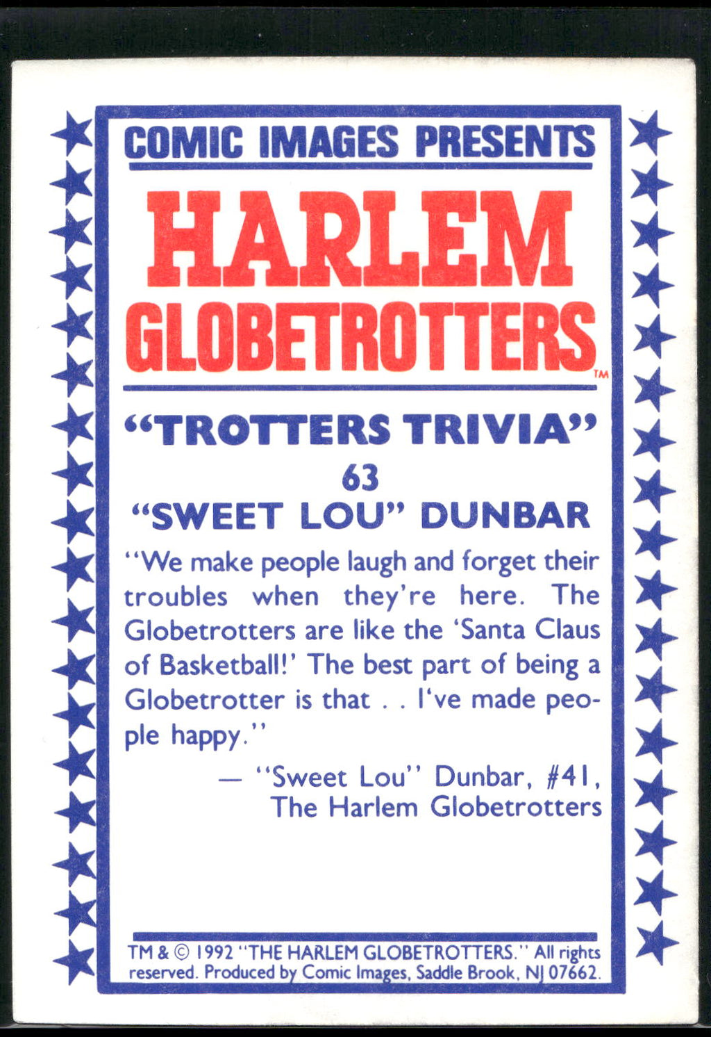 1992 Comic Images Harlem Globetrotters #63 "Sweet Lou" Dunbar