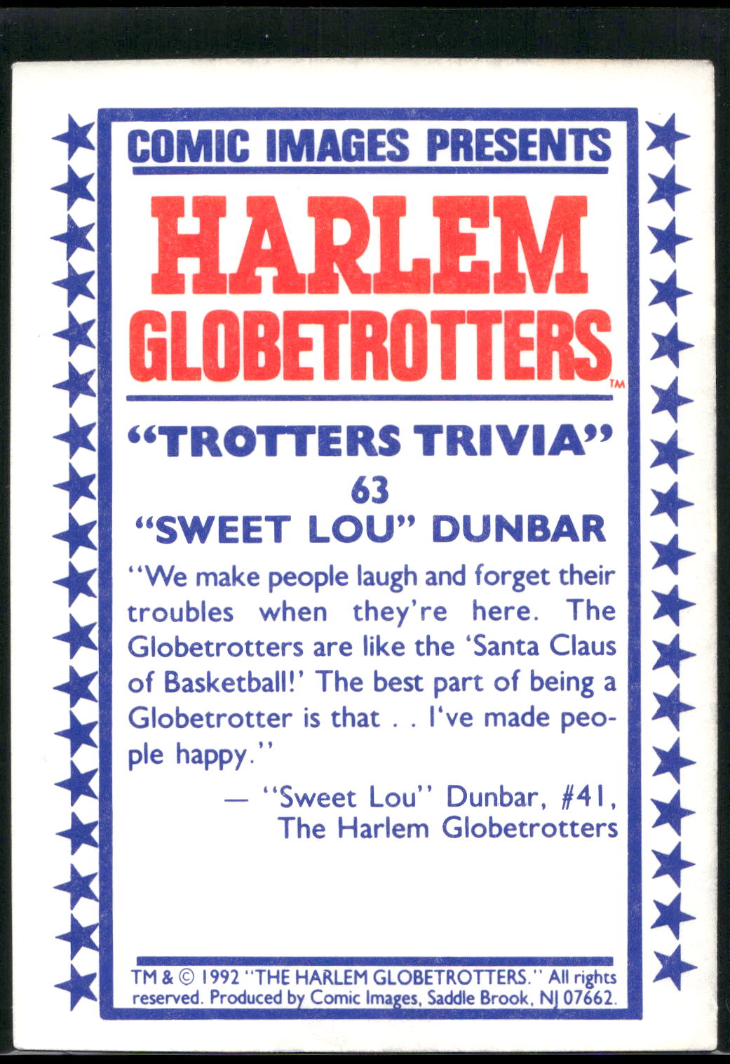 1992 Comic Images Harlem Globetrotters #63 "Sweet Lou" Dunbar