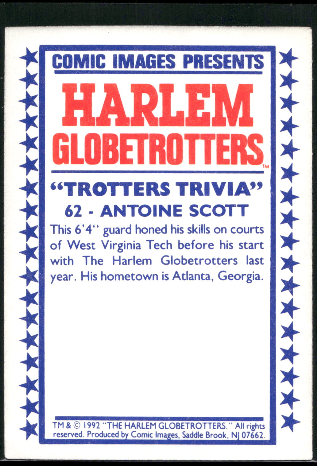 1992 Comic Images Harlem Globetrotters #62 Antoine Scott