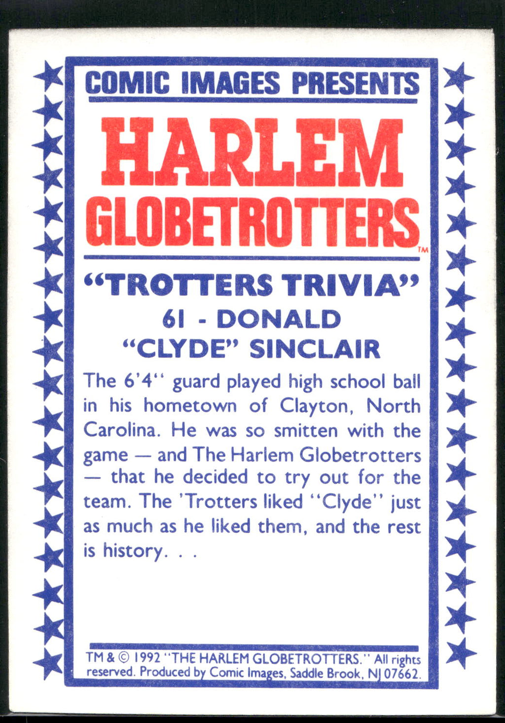 1992 Comic Images Harlem Globetrotters #61 Donald "Clyde" Sinclair