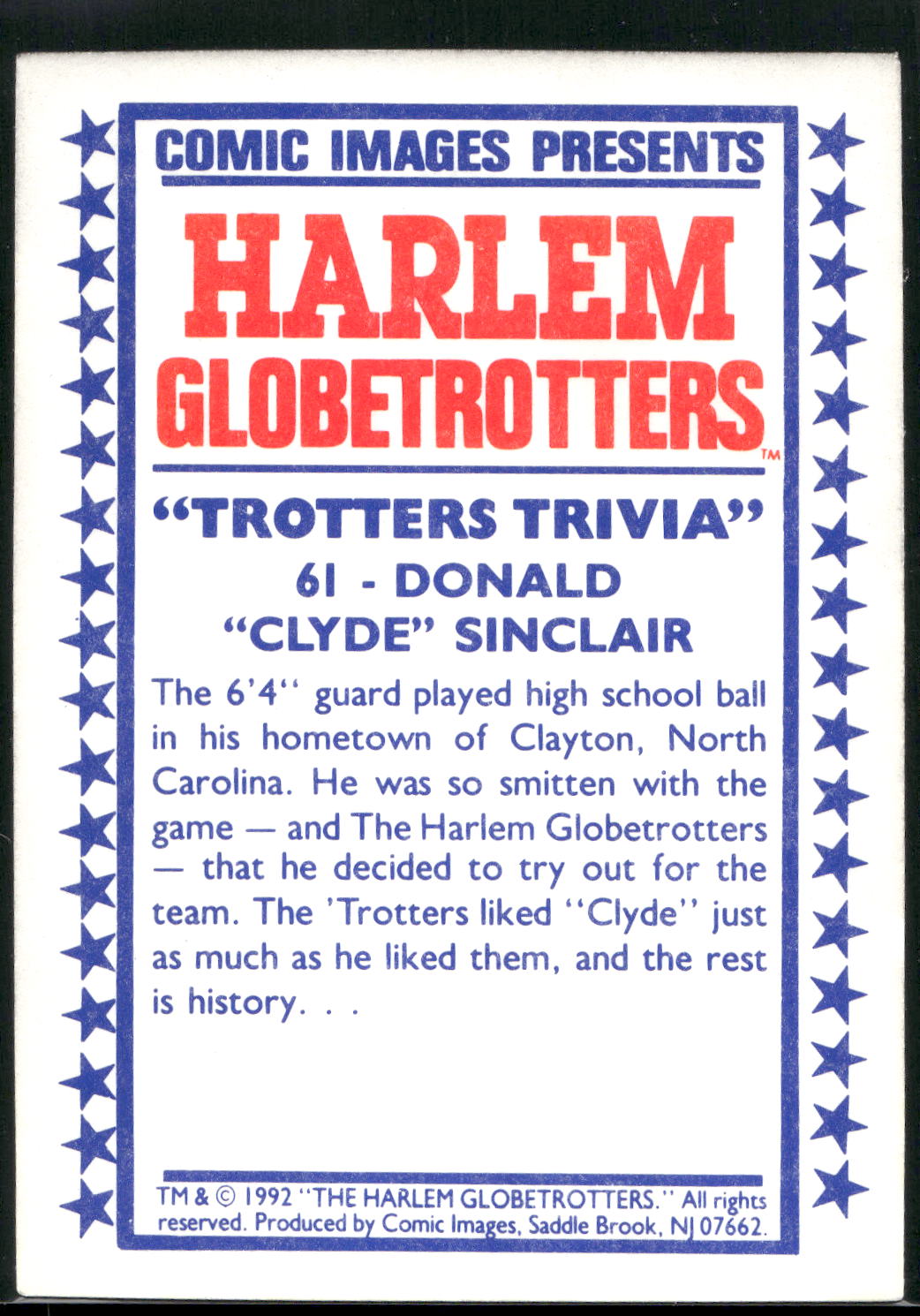 1992 Comic Images Harlem Globetrotters #61 Donald "Clyde" Sinclair