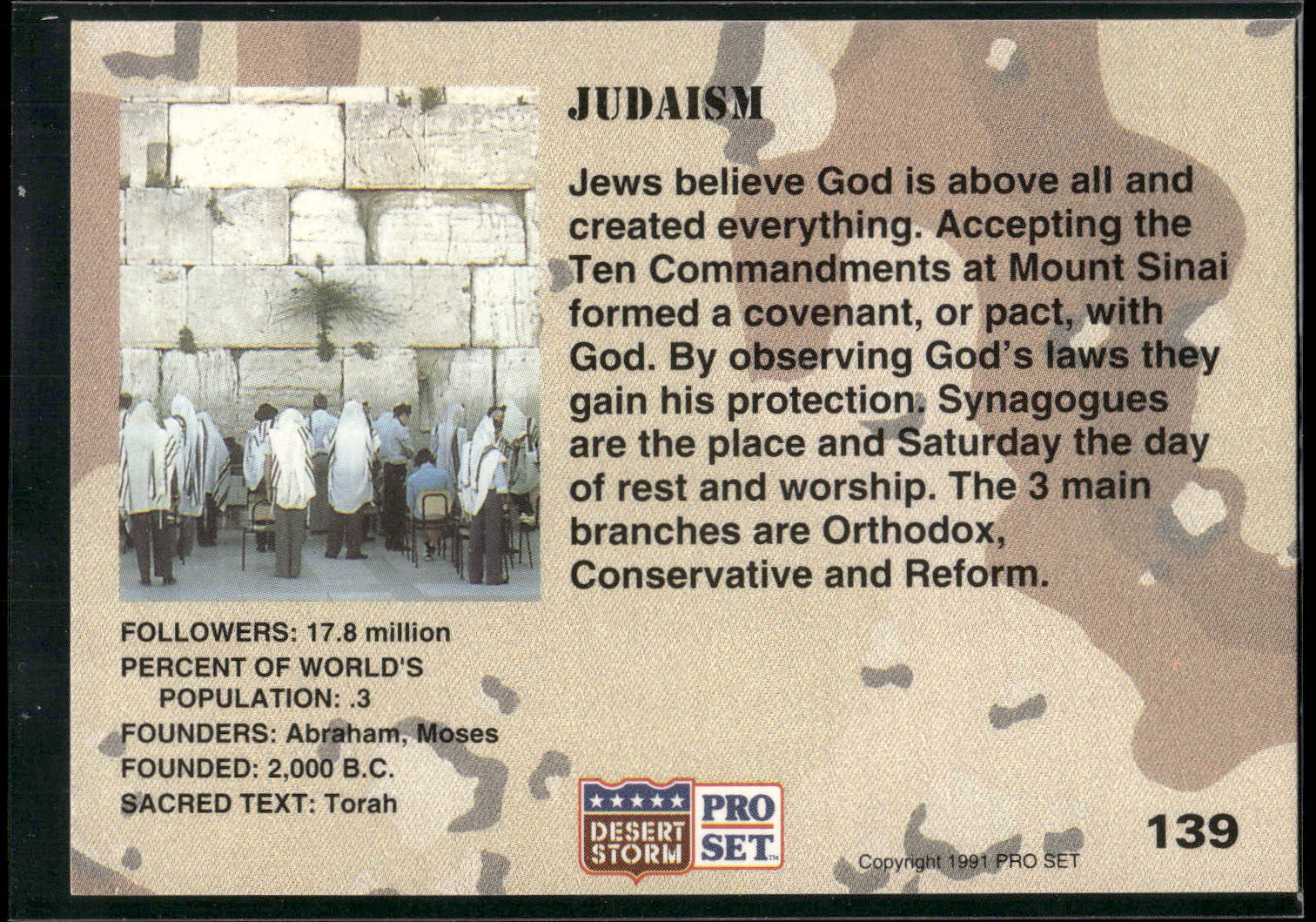 1991 Pro Set Desert Storm #139 Judaism