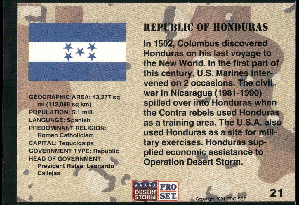 1991 Pro Set Desert Storm #21 Republic of Honduras
