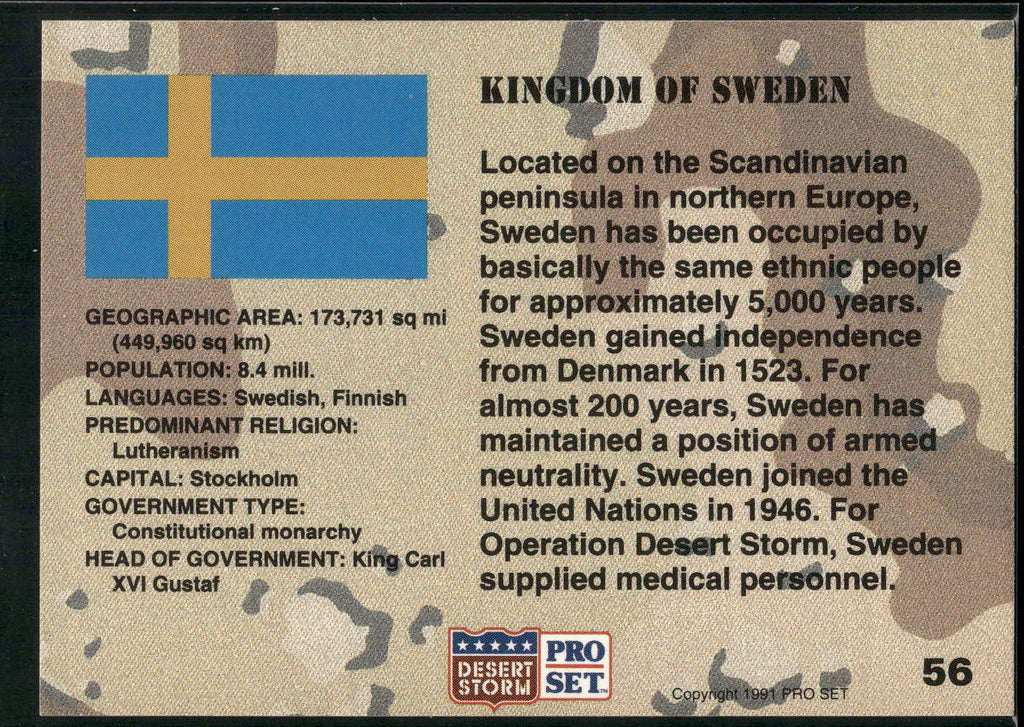 1991 Pro Set Desert Storm #56 Kingdom of Sweden