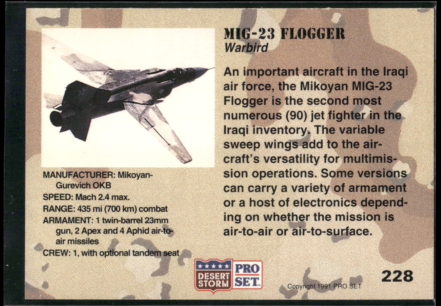 1991 Pro Set Desert Storm #228 MIG-23 Flogger