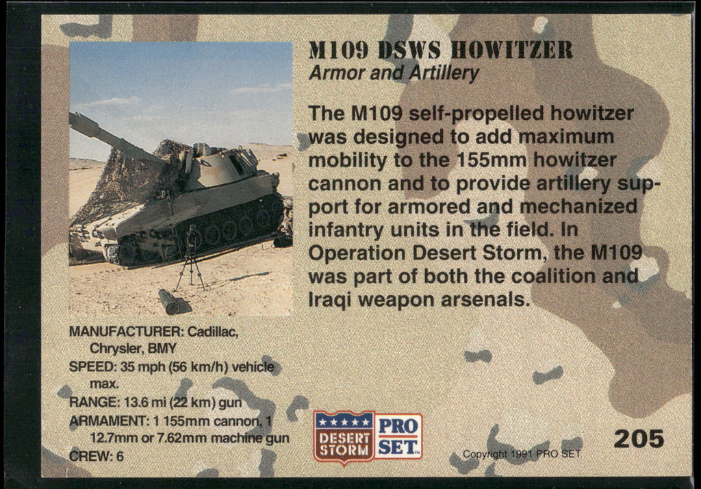 1991 Pro Set Desert Storm #205 M109 DSWS Howitzer