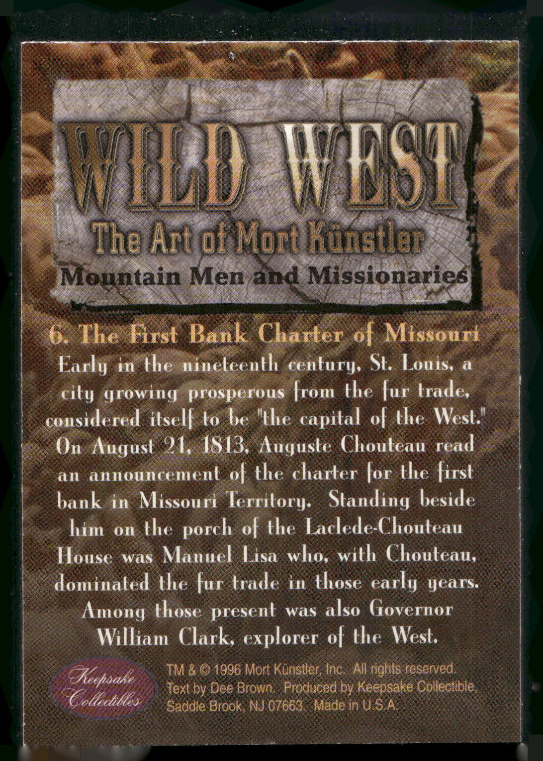 1996 Collectibles Wild West: Mort Kunstler #6 The First Bank Charter of Missouri