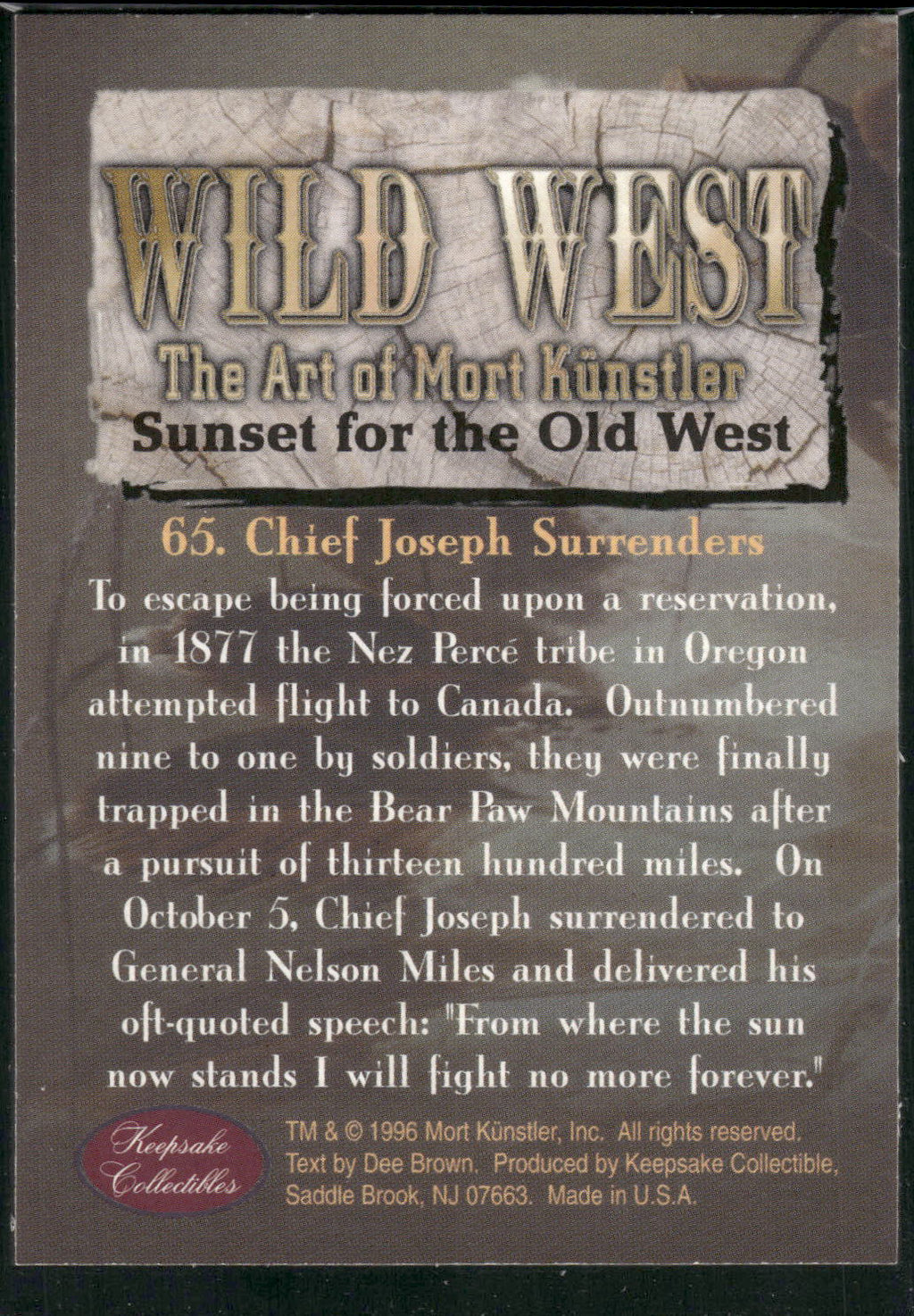 1996 Keepsake Collectibles Wild West: Mort Kunstler #65 Chief Joseph Surrenders