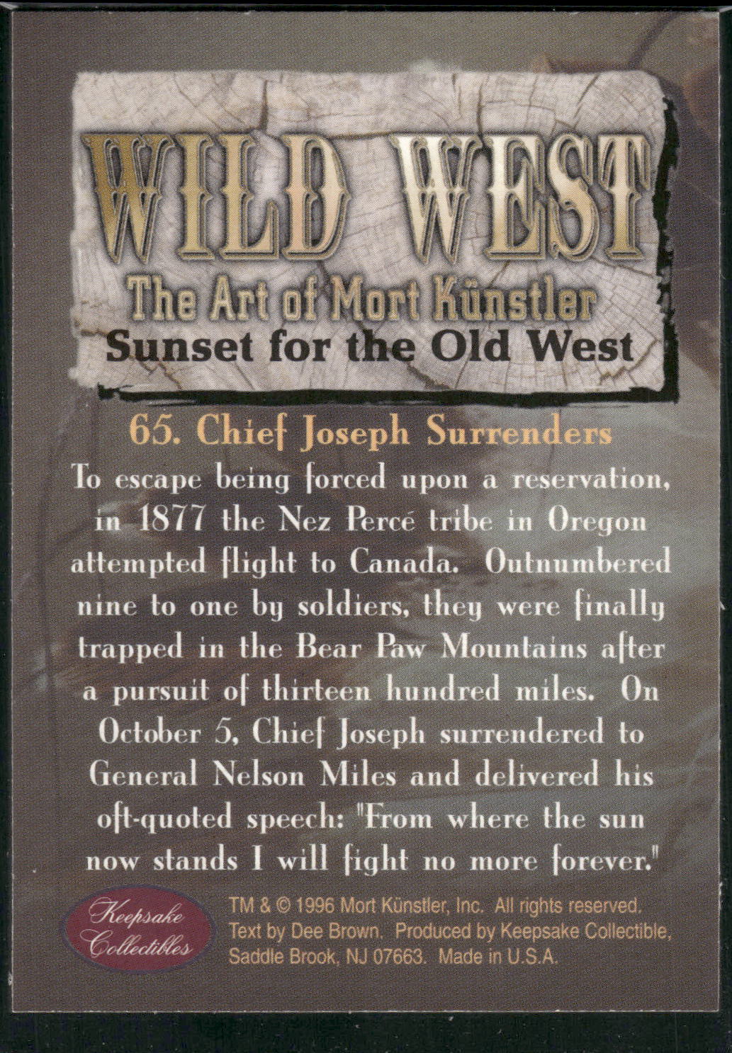 1996 Keepsake Collectibles Wild West: Mort Kunstler #65 Chief Joseph Surrenders