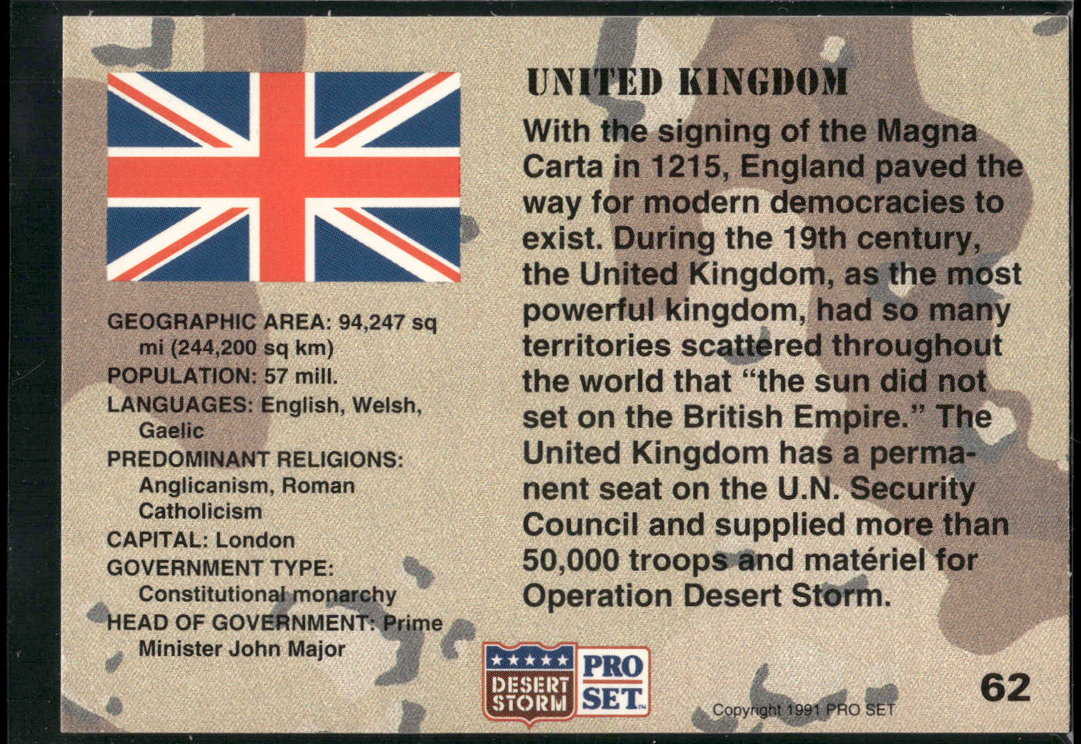 1991 Pro Set Desert Storm #62 United Kingdom