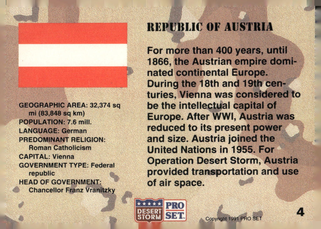 1991 Pro Set Desert Storm #4 Republic of Austria