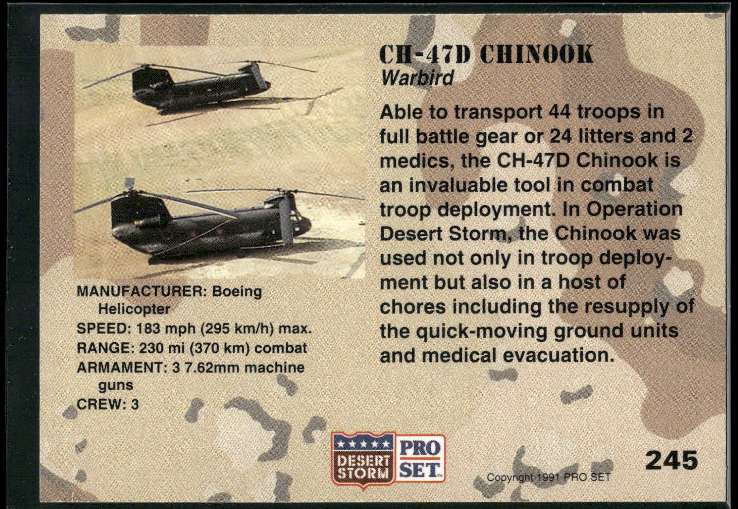 1991 Pro Set Desert Storm #245 CH-47D Chinook