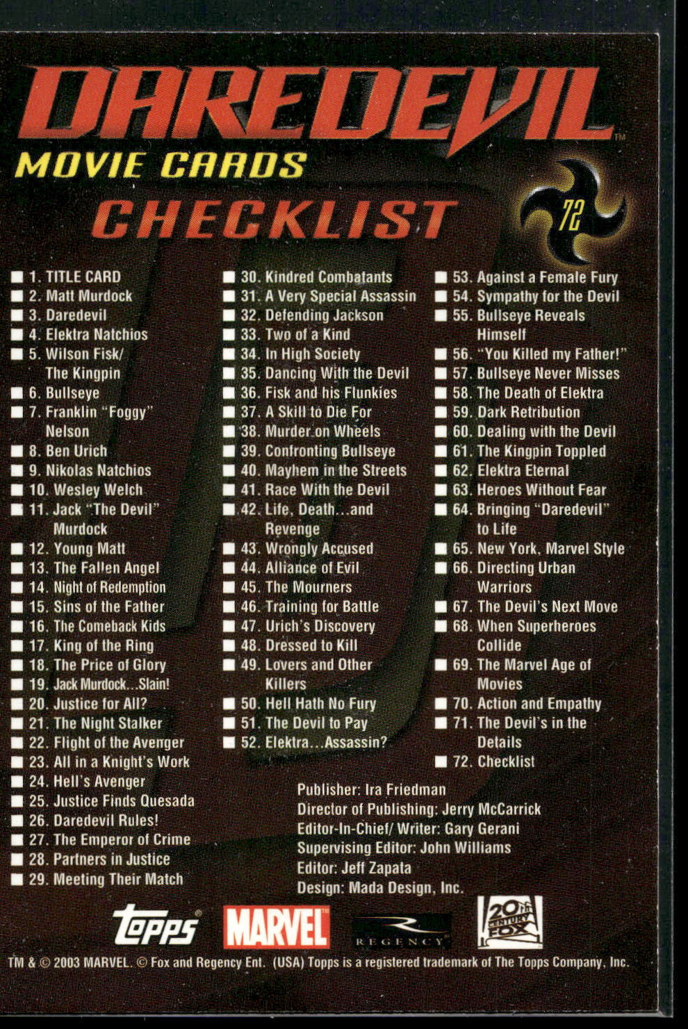 2003 Topps Daredevil #72 Checklist