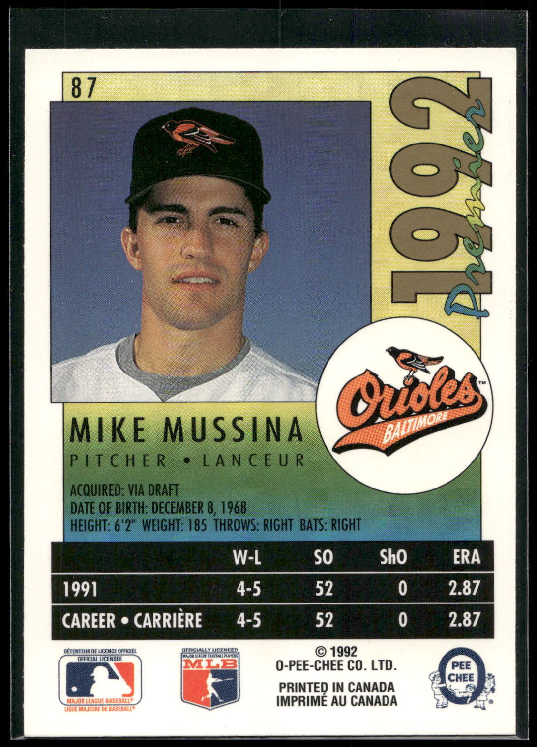 1992 O-Pee-Chee Premier #87 Mike Mussina