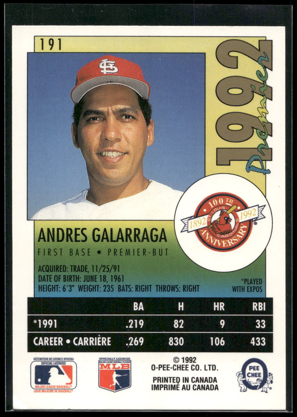 1992 O-Pee-Chee Premier #191 Andres Galarraga