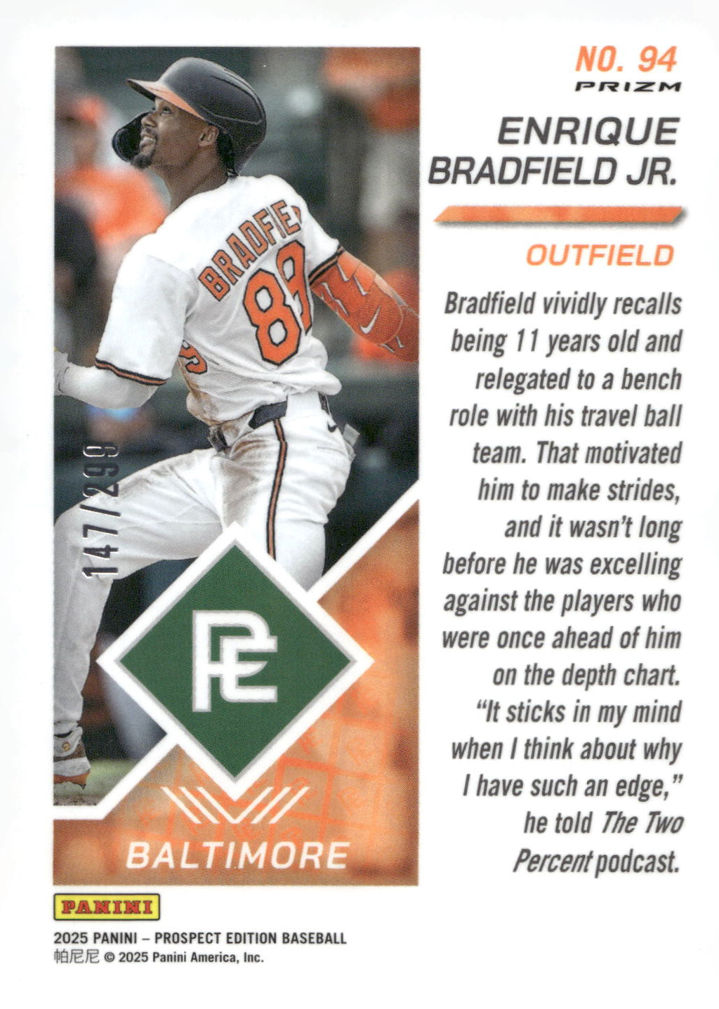 2025 Panini Prospect Edition #94 Enrique Bradfield Jr. Holo - Blue Ice #/299