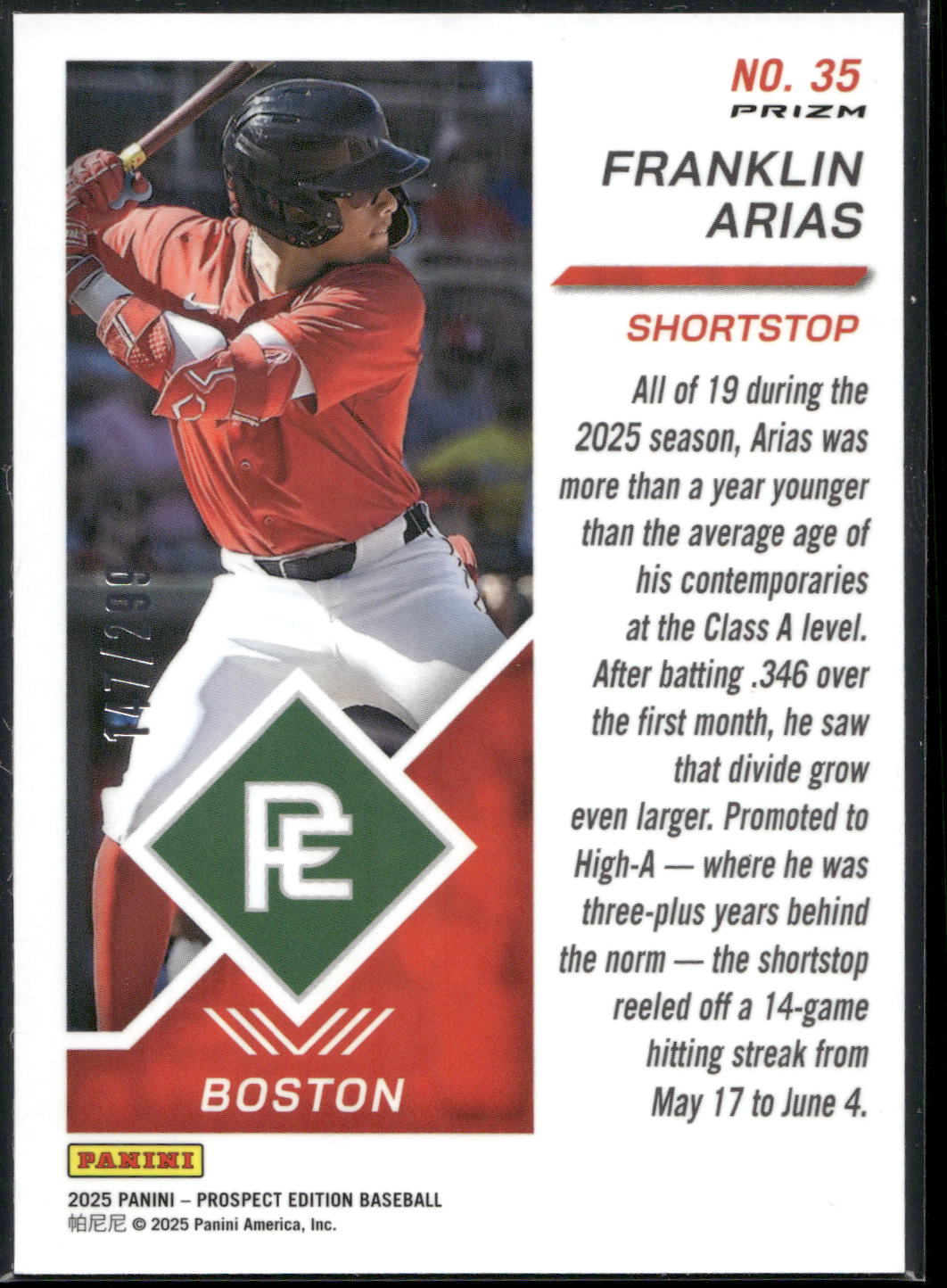 2025 Panini Prospect Edition #35 Franklin Arias Holo Blue Ice #/299