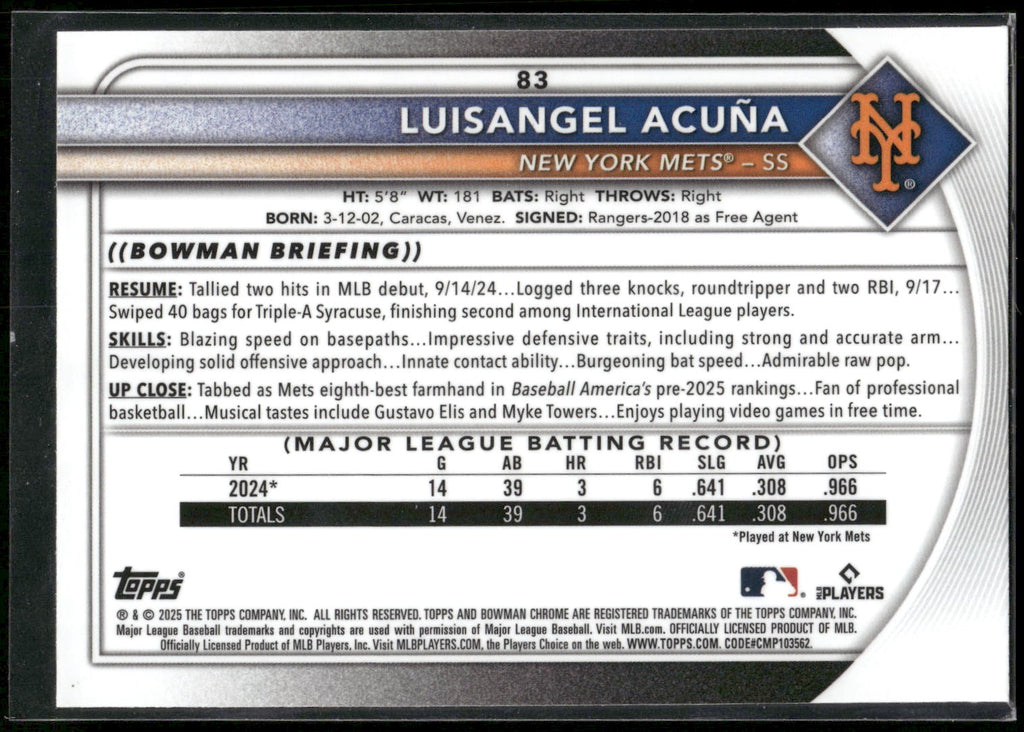 2025 Bowman #83 Luisangel Acuña Chrome Mojo Refractor