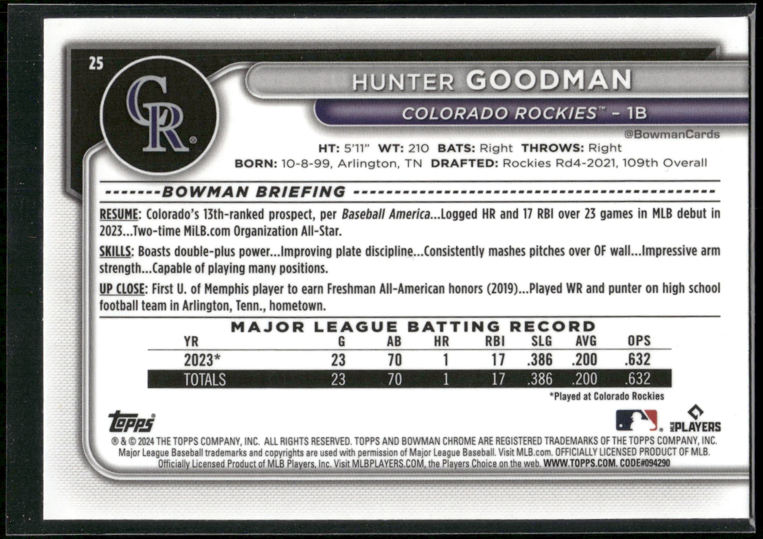 2024 Bowman Chrome #25 Hunter Goodman Mojo Refractors