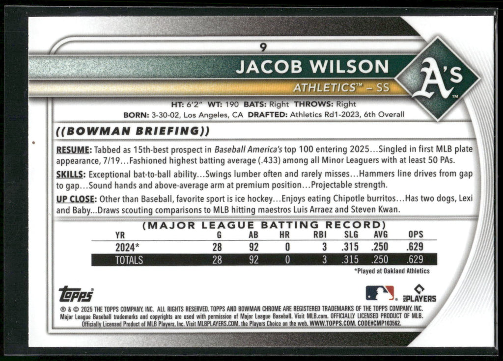 2025 Bowman #9 Jacob Wilson Chrome Mojo Refractor