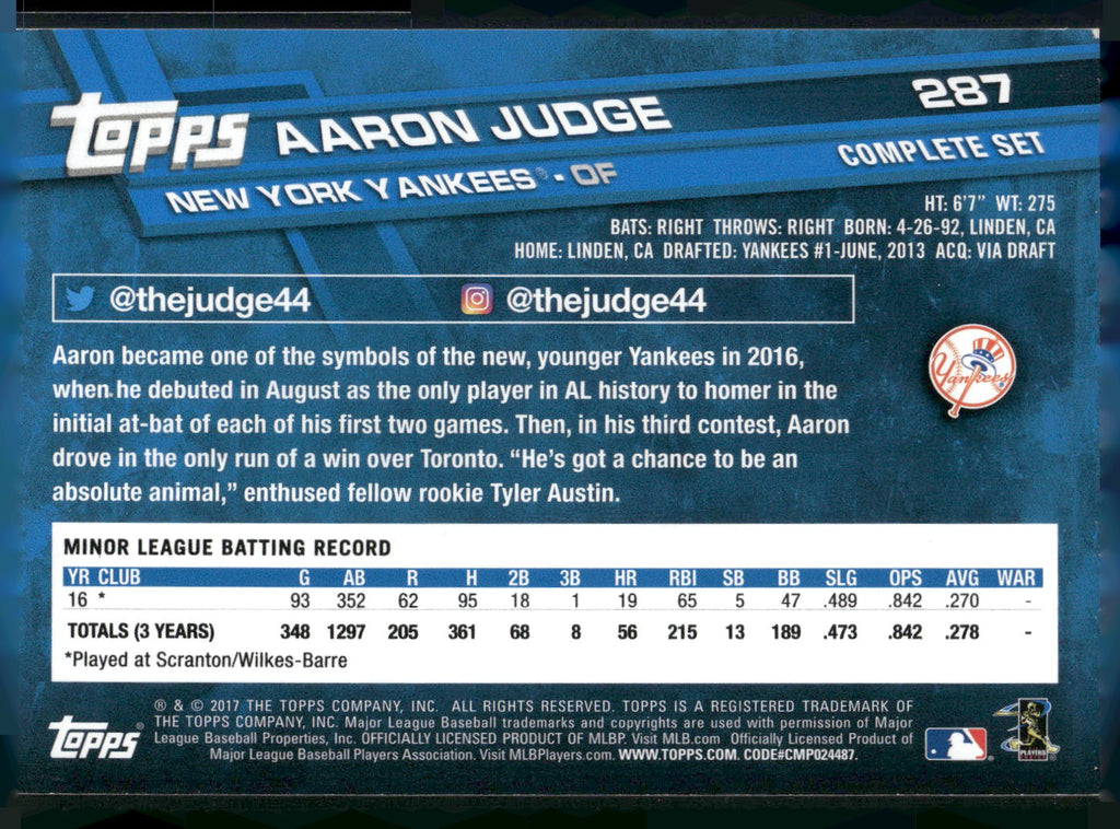 2017 Topps #287 Aaron Judge Factory Set Bonus: Rookie Image Variation
